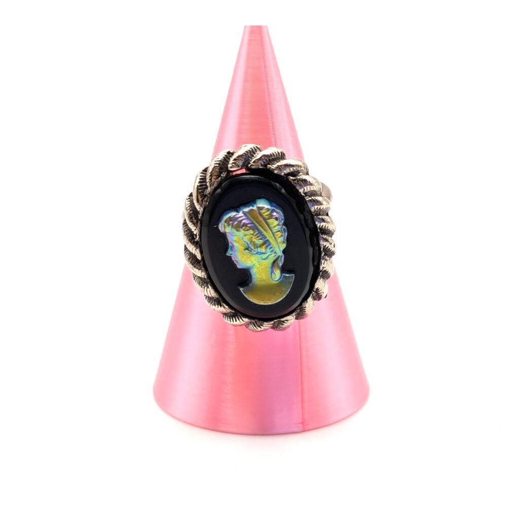 Vintage Iridescent Black Cameo Ring Womens Size 5 Adjustable Silver Tone Lady